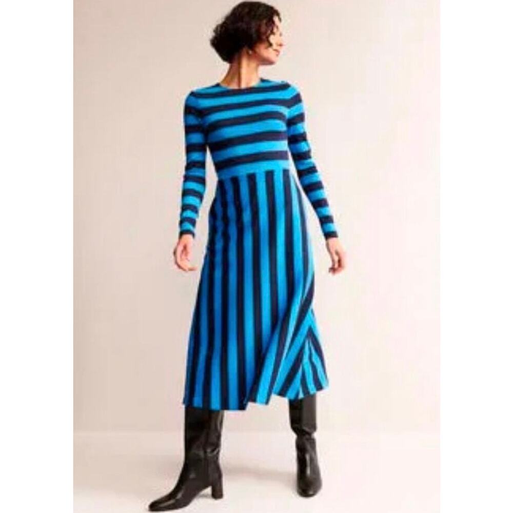 Boden Hotch Blue Black Striped Jersey Midi Dress Womens 6 Petite Long Sleeve
